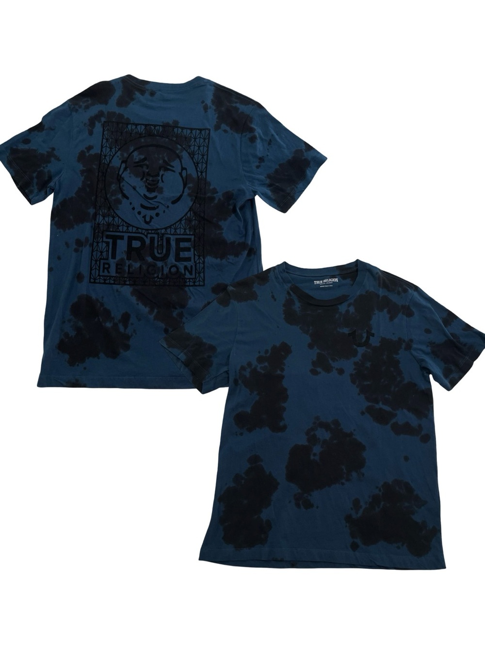 True Religion Tie-Dye Flocked Buddha Logo Size M Blue & Black Tee (Retail $60)